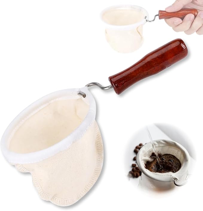 Cloth Coffee Filter More Sense of Ritual Handmade Coffee Filter Preferred Washable Reusable Flannel Cloth Coffee Sock with Wooden Handle Strainer with Wood Handle for Coffee Lover Home Office Use