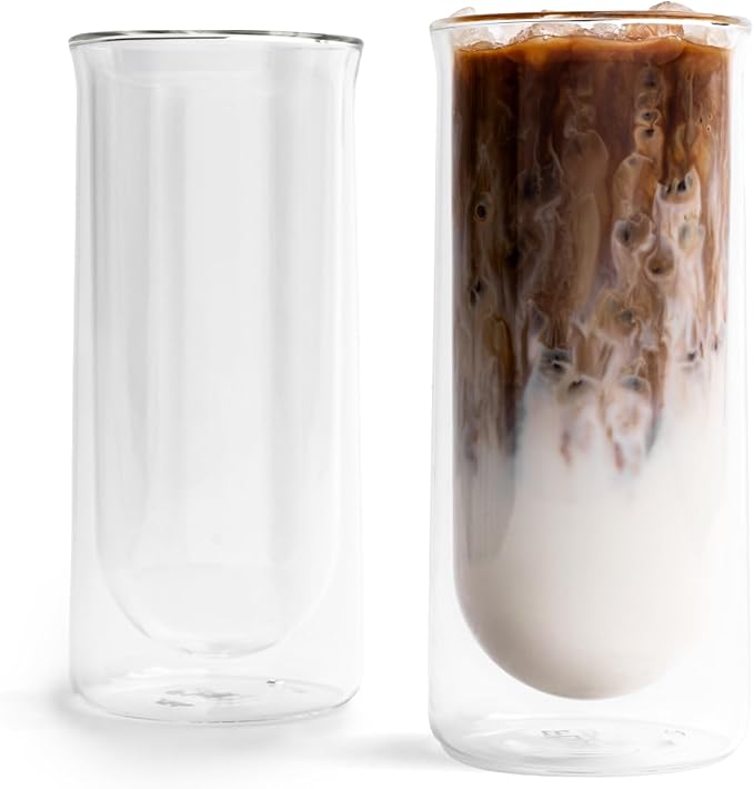 FLUR Iced Coffee Glasses (Set of 2) Perfect for Iced Coffee, Cold Brew & Lattes – Double-Walled Borosilicate Glass – For Hot & Cold Drinks – Lightweight & Easy to Clean – 15.5oz (Clear) by FLUR