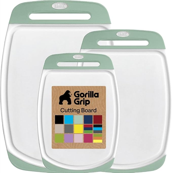GORILLA GRIP BPA-Free Reversible Kitchen Cutting Board Set of 3, US Designed, Nonporous, Juice Grooves Catch Liquid, Slip Resistant Border, Dishwasher Safe, Durable Large Food Chopping Boards, Mint by Unknown