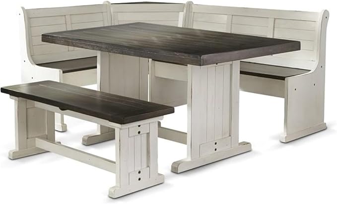 Pemberly Row Wood Breakfast Nook Set, Off White and Dark Brown Finish, Mahogany Base, Hidden Storage Benches, Reversible Design, Two-Toned European Cottage Style Dining Set for Small Spaces by PEMBERLYROW