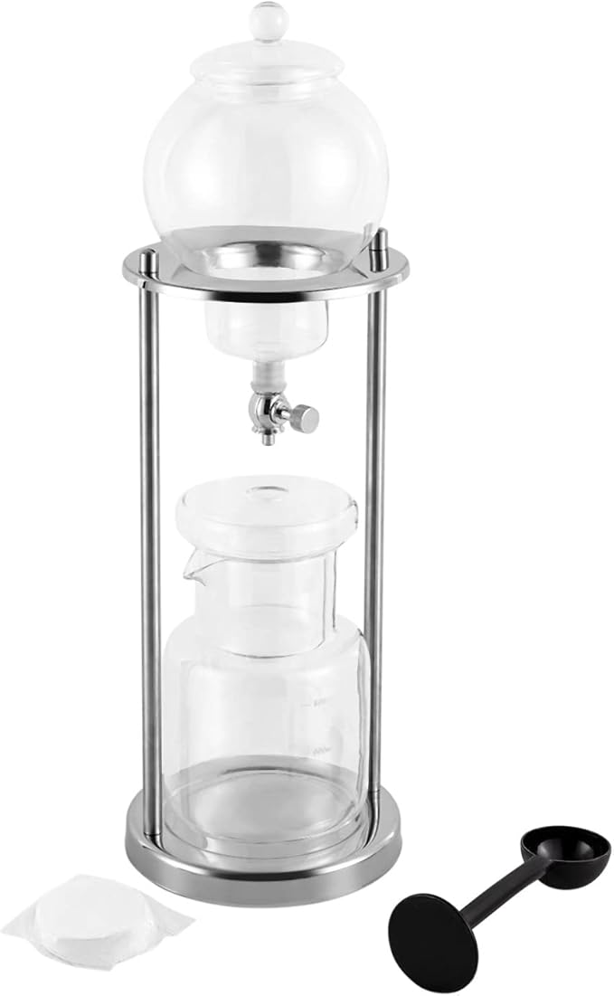 Metal Cold Brew Drip Tower, Clear+Silver Ice Cold Drip Tower 6-8 Cups 600ml -20-150°C Temperature Range With Slow Drip TechnologyIBamboo Straight Frame for Home Office Drip Coffee Maker