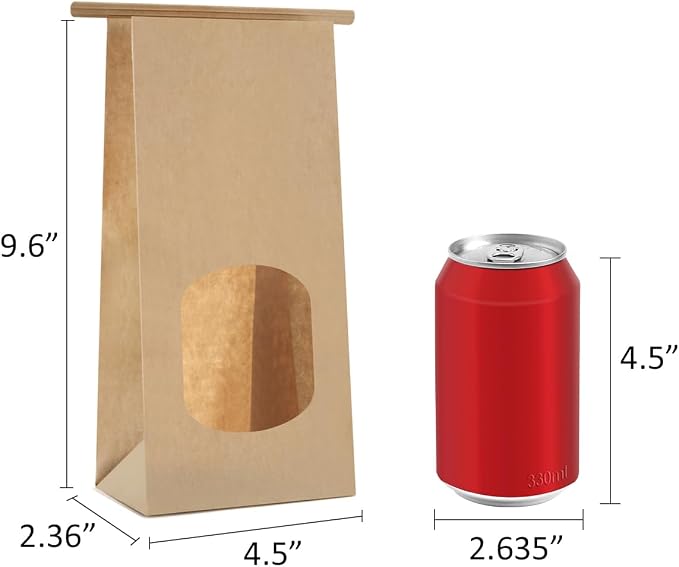 BagDream Bakery Bags with Window 100pcs 4.5x2.36x9.6 Inches Window Tin Tie Tab Lock Kraft Brown Paper Bags for Coffee Bean, Cookies, Treat, Snack | Resealable, Window, Grease Resistant, For Homemade Baked Goods, Snack, Coffee Beans, Party Favor, Gift G... - Image 2