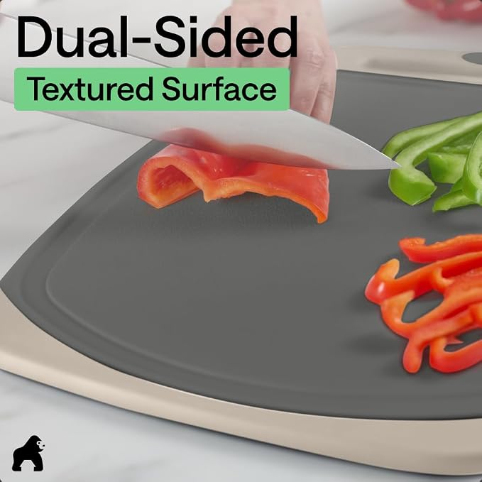 GORILLA GRIP BPA-Free Reversible Kitchen Cutting Board Set of 3, US Designed, Nonporous, Juice Grooves Catch Liquid, Slip Resistant Border, Dishwasher Safe, Durable Food Chopping Boards, Gray Almond - Image 6