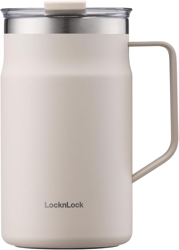 LocknLock Metro Mug, Premium 18/8 Stainless Steel Metal, Double Wall Insulated, Portable Coffee Cup with Lid and Handle for Hot and Cold Drinks, Ivory, 20 oz by LocknLock