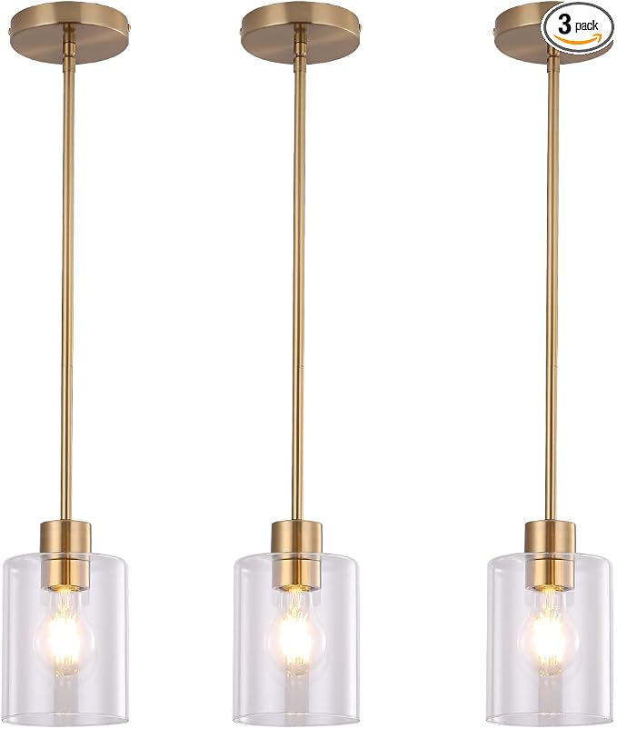 Brass Pendant Lights Kitchen Island - Gold Clear Glass Pendant Light Fixture Multiple Stems Rods 3 Units 12 Inch 3 Units 4 Inch (3 Pack Brass) by KLSSLighting