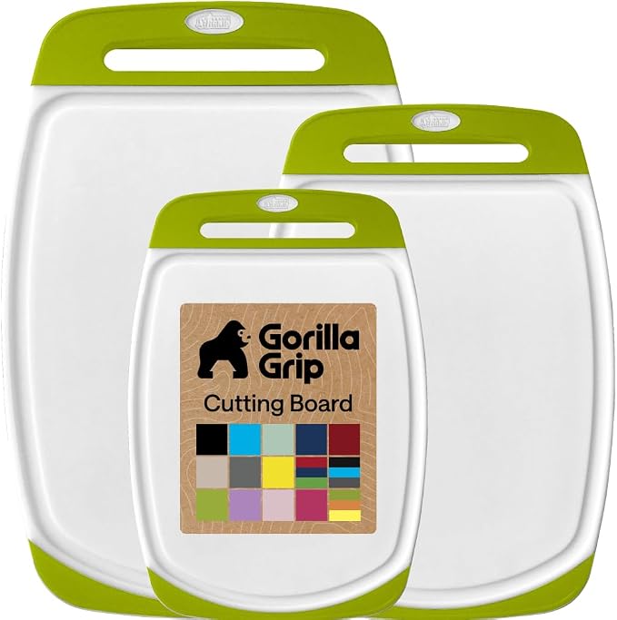 GORILLA GRIP BPA-Free Reversible Kitchen Cutting Board Set of 3, US Designed, Nonporous, Juice Grooves Catch Liquid, Slip Resistant Border, Dishwasher Safe, Durable Food Chopping Boards, Lime Green by Unknown