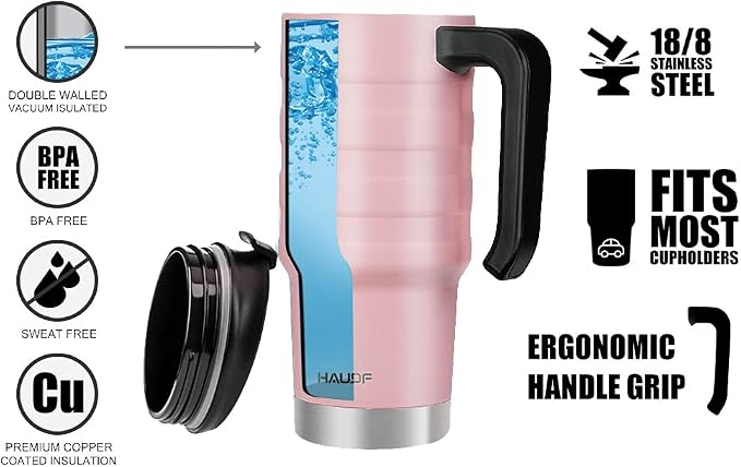 HAUSHOF 24 oz Travel Mug, Stainless Double Wall Vacuum Insulated Tumbler with Handle & Spill Proof Twist On Flip Lid and Wide Mouth, BPA Free (Pink) - Image 4