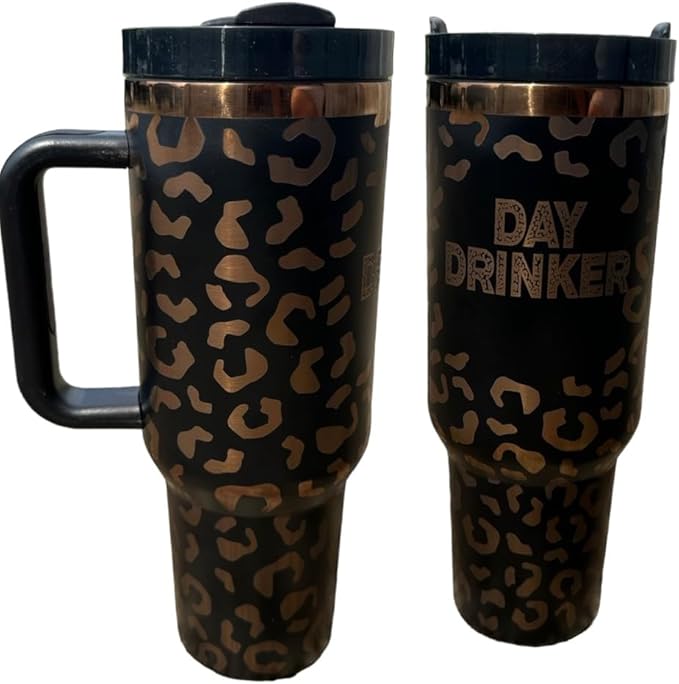 Tumbler, 40oz Tumbler, Western Tumbler, Engraved Cup with Handle, Cute Coffee Mug, 40oz Coffee Mug (Black rose gold-Cheetah Day drinker)