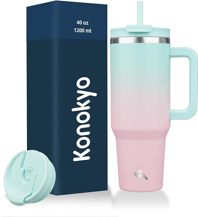 Konokyo 40 oz Insulated Tumbler Water Bottle with Handle, Straw Lid | BPA-free and dishwasher safe; made for gym, travel, coffee and gifting, 2 straws, cup holder friendly,Gum by Konokyo