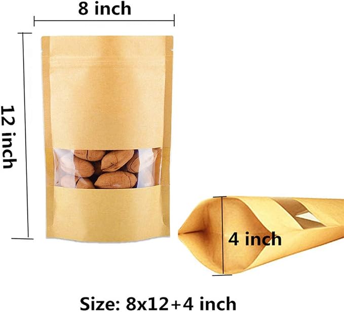 Brown Kraft Heat Sealable Stand Up food Pouches Paper Mylar Bags With Clear Window And Zip Lock,Heavy Duty Decorative Resealable For DIY Homemade Chips Favor Candy Cookies Christmas (50pcs 8x12+4inch) - Image 3