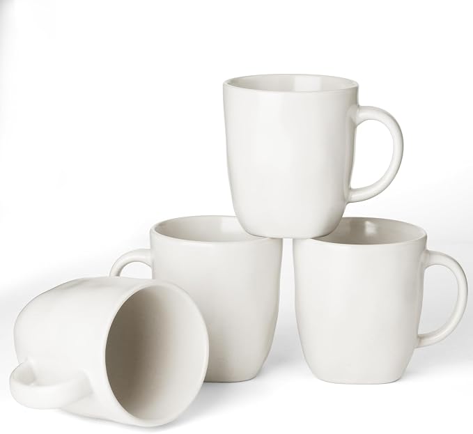 famiware Coffee Mugs Set of 4, Ocean Square 13oz Coffee Cup Set with Handle for Cocoa, Milk, Hot Chocolate, Tea, Water, Stoneware Cups for Kitchen, Microwave and Dishwasher Safe, Matte White by Famiware