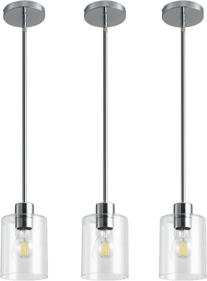 Chrome Pendant Lights Kitchen Island - Clear Glass Pendant Light Fixture Multiple Stems Rods 3 Units 12 Inch 3 Units 4 Inch (3 Pack Chrome Downrod) by KLSSLighting
