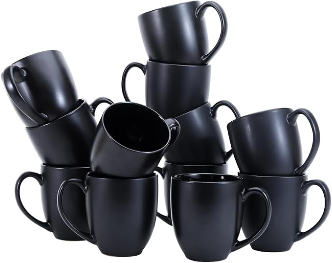 Amazon Basics 12-Pack Matte Black Ceramic Coffee Mug, 16 ounces, Microwave and Dishwasher Safe, Stoneware, Commercial-Grade by AmazonBasics