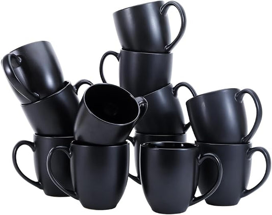Amazon Basics 12-Pack Matte Black Ceramic Coffee Mug, 16 ounces, Microwave and Dishwasher Safe, Stoneware, Commercial-Grade by AmazonBasics