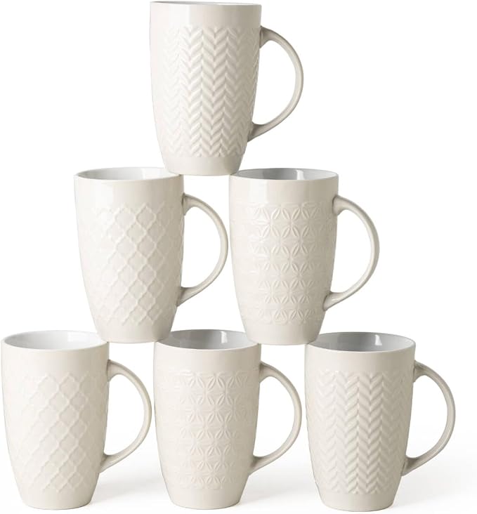AmorArc Extra Large Coffee Mugs Set of 6, 20oz Ceramic Tall Coffee Mugs Set with Textured Geometric Patterns for Coffee/Tea/Beer/Hot Cocoa, Dishwasher & Microwave Safe,Beige by AmorArc