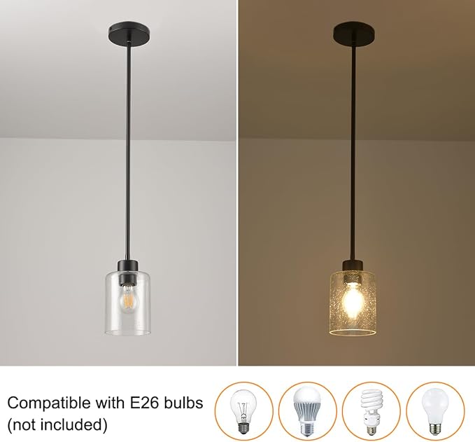 Black Pendant Lights Kitchen Island - Seeded Glass Pendant Light Fixture Multiple Stems Rods 3 Units 12 Inch 3 Units 4 Inch (2 Pack Black Seeded Downrod) - Image 7