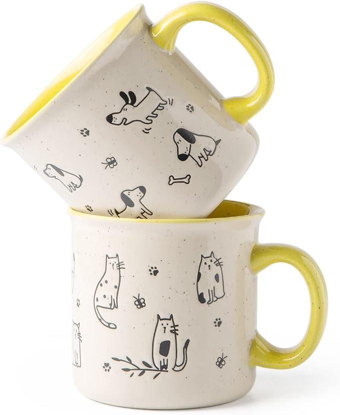 AmorArc 22 OZ Large Ceramic Coffee Mugs Set of 2, Oversized Mugs With Big Handle for Men Women Dad Mom, Big Mug With Textured Dogs Cats Patterns for Office & Home -Microwave Safe, 2 Pcs-Yellow by AmorArc