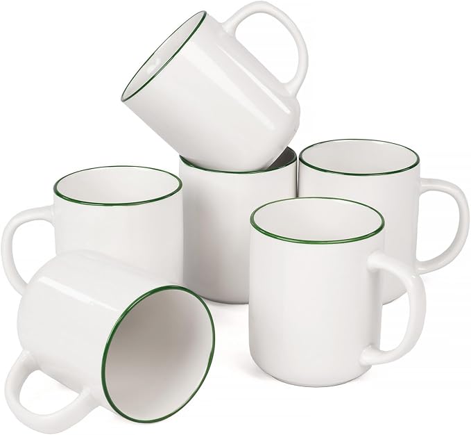 OTAGO Coffee Mugs for 6, 12 oz Mug Set, Dringking Cup with Handle for Coffee, Tea, Cocoa, Green Rim by OTAGO