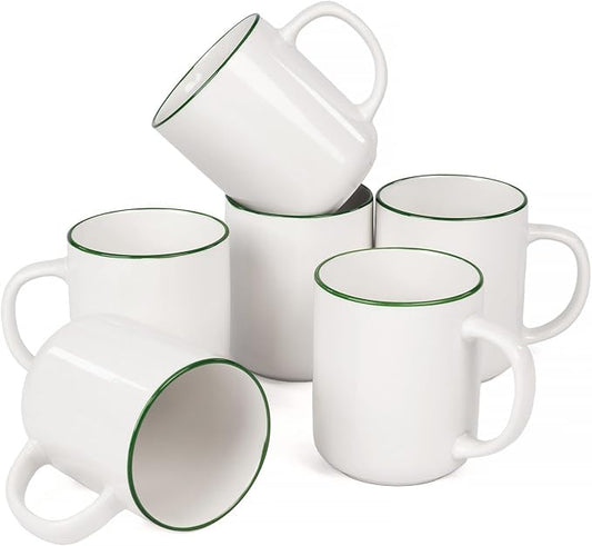 OTAGO Coffee Mugs for 6, 12 oz Mug Set, Dringking Cup with Handle for Coffee, Tea, Cocoa, Green Rim by OTAGO