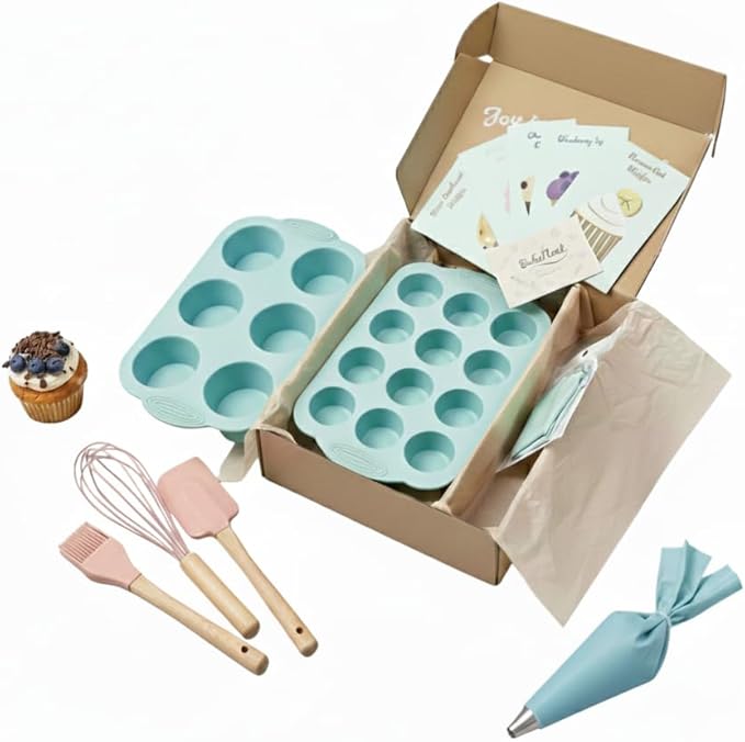 Silicone Baking Set – Gift-Ready BPA-Free Bakeware Kit with Non Stick Silicone Mini Muffin Pan, Cupcake Pan, Baking Utensils, Piping Bag & Recipe Cards – Cake Mold Starter Set for Baking
