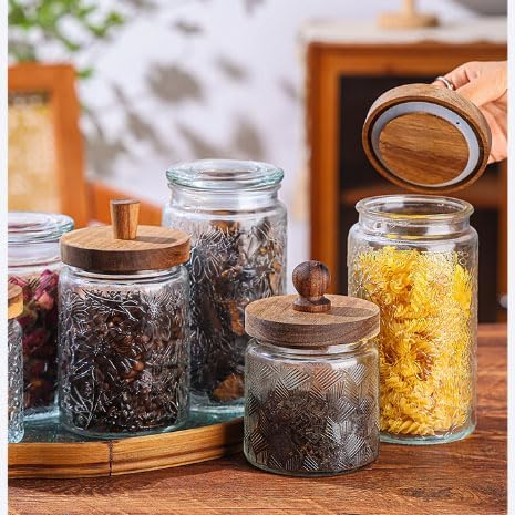 Vintage Glass Jars with Airtight Wood Lids & Handles - 16.9 OZ Set of 4 - Coffee Jars,Tea Canisters,Candy Jars for Flour,Sugar- Kitchen Pantry Containers (4, Rippling wheat pattern) - Image 6