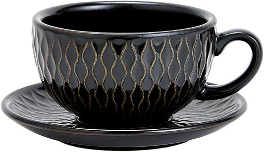 Coffeezone Vintage Design 12 oz Ceramic Latte Art Cappuccino Barista Cup with Saucer (Embossed Black) by Coffeezone