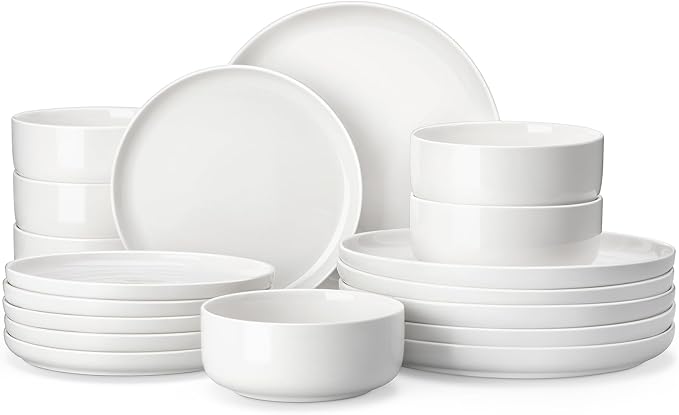 MALACASA 18 Pcs Porcelain Plates and Bowls Sets,Dinnerware Set for 6,White | Modern Ceramic Dishware,Kitchen Dining Ware,Microwave and Dishwasher Safe,Simple Solid White Design,Series LUNA by MALACASA