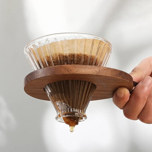 Pour Over Coffee Dripper V60 Glass Coffee Funnel Filter Reusable Cone Brewer with Black Walnut Wood Base Brewing Coffee Dripper Accessory for Coffee Pot Coffee Maker