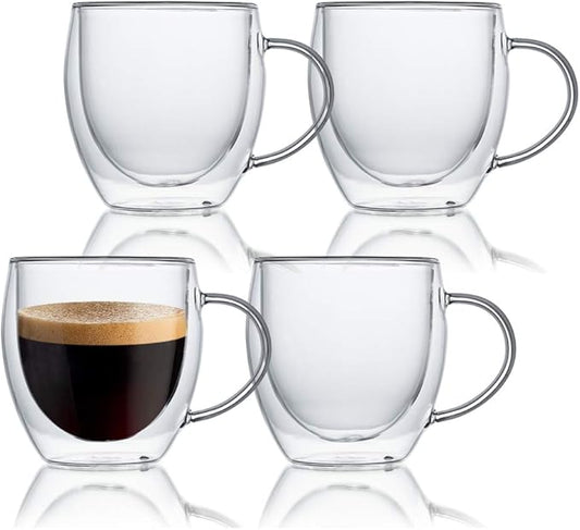KitchenTour Insulated Coffee Mug 8 oz- Double Wall Glass Coffee Cup with Handle Set of 4 - Clear Glass Drinkware for Espresso，Cappuccino, Latte，Hot Beverages