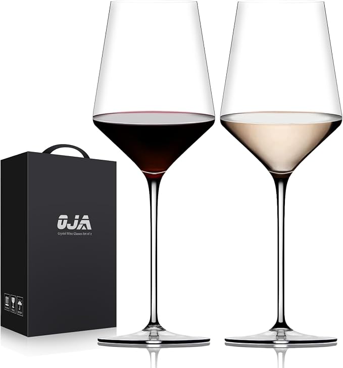 OJA Wine Glasses Set, Crystal Red Hand Blown Wine Glass, Set of 2, 15 oz | Long Stem, Thin Rim, Premium, Perfect for Red or White, Daily Use, Unique Wedding Anniversary or Birthday Gift by oja