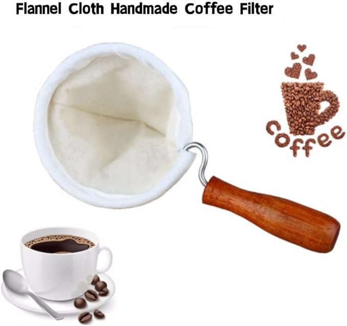 Cloth Coffee Filter, Reusable Coffee Sock Washable Flannel Cloth Handmade Coffee Filter Strainer with Wood Handle for Coffee Lover Home Office Use(L)