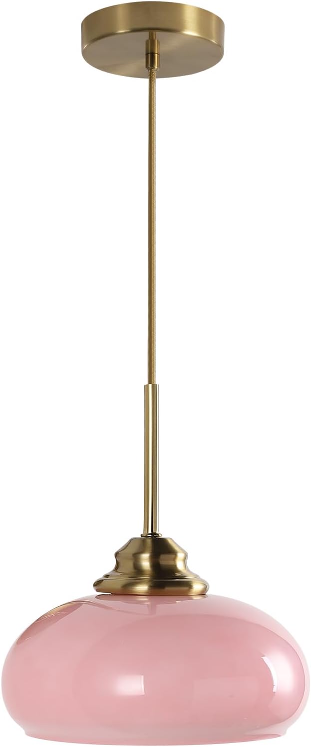 KCO Lighting Retro Pink Kitchen Pendant Light Mid Century Gold Hanging Light Vintage Dome Glass Pendant Light Small Globe Hanging Lights by KCOLighting