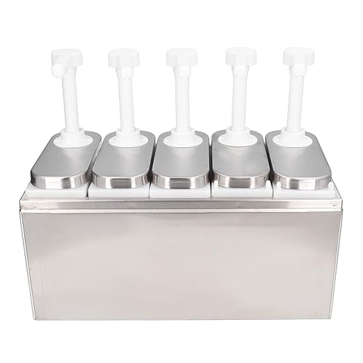 Condiment Pump Dispenser, 1L Single Jars Stainless Steel Sauce Dispenser Pump Ketchup Pump Dispenser Davinci Syrup Sauce Pump Container Salad Pump Container (5 Pumps)