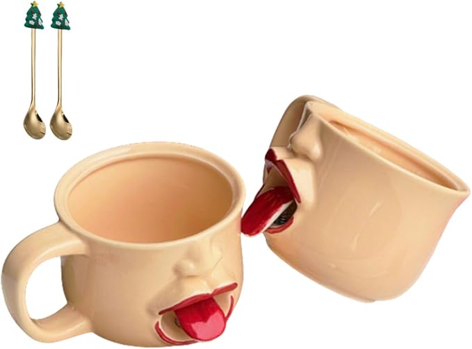 Funny Ceramic Tongue Mug, 3D Unique Shaking The Tongue Coffee Cup, Handmade Artistic Interactive Drinkware, Novelty Gift for Friends, Co-workers or Home Decor ，2pcs by Unknown