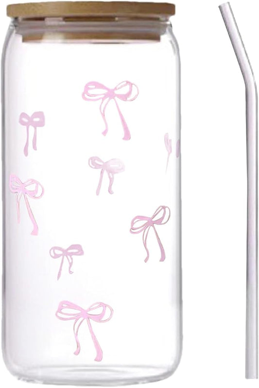 Glass Tumbler – With Straw and Lid, 500ml Bow Cup, Borosilicate Glass, Spill Resistant Lid Design, Reusable Straw Included, Easy Grip Handle | Iced coffee, tea, smoothies, cold beverage