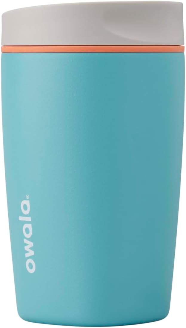 Owala SmoothSip Slider Insulated Stainless Steel Coffee Tumbler, Reusable Iced Coffee Cup, Hot Coffee Travel Mug, BPA Free 12 oz, Grey/Blue (Beachy Breeze) by Unknown