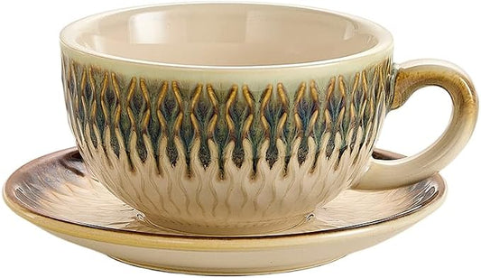 Coffeezone Vintage Design 12 oz Ceramic Latte Art Cappuccino Barista Cup with Saucer (Embossed Vintage) by Coffeezone