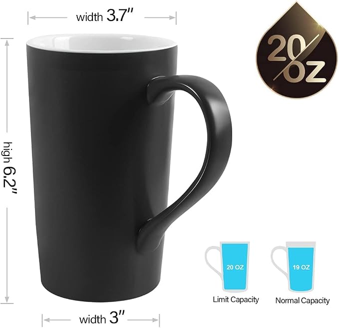20 OZ Large Diner Coffee Mugs,Tall Beer Cups,Matte Black Couple's Cups with Handle,Oversized Cylindrical Design Modern Ceramic Tea Cup for Dad Mom Friends Gift.Set of 2 - Image 2