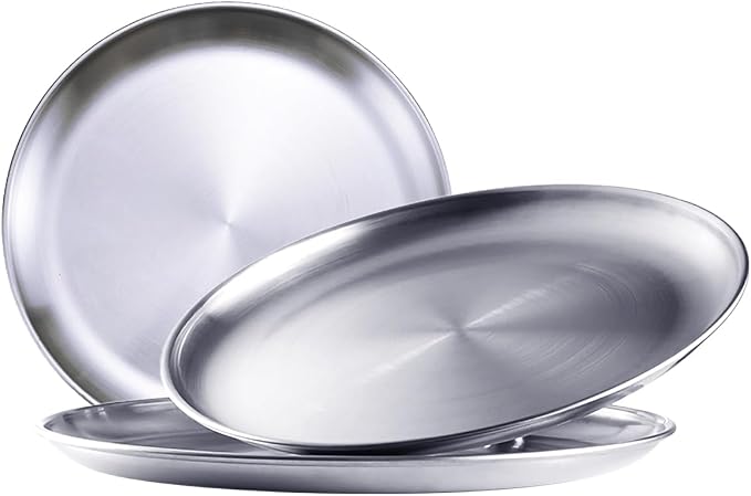 Stainless Steel Plates,3Pcs 8Inch Dinner Dishes Plates Camping Plate,Perfect for Snack Candy Pizza Fruit Camping Etc Reusable and Dishwasher Safe (3, 8 inches) by ICSTM