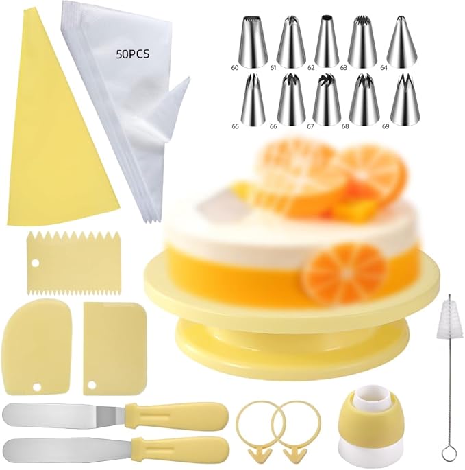Yellow baking tools set, Yellow gold Cake Turntable kit with 10 Large Piping Tips, 50 Piping Bags&2Ties, 2 Spatulas,3Icing Scrapers,spring sunshine baking kit pastel colors for Cake Decorating