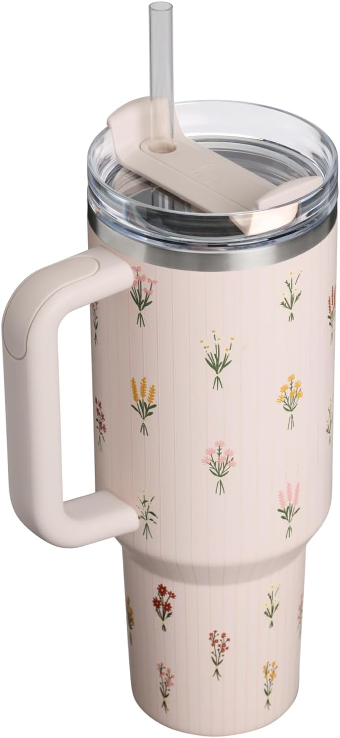STANLEY Quencher H2.0 Flow State Tumbler, 40 oz, Rose Quartz Bouquets | Handle and Straw | 3-Position Lid | Cup Holder Compatible for Travel | Insulated Stainless Steel Cup | BPA-Free - Image 3