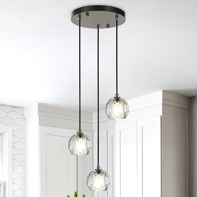3 Lights Pendant Lighting, Brushed Black Cluster Pendant Light Kitchen Island, Cut Crystal Pendant Light Fixture Hanging Lights for Dining Room Foyer Bathroom by Cameena