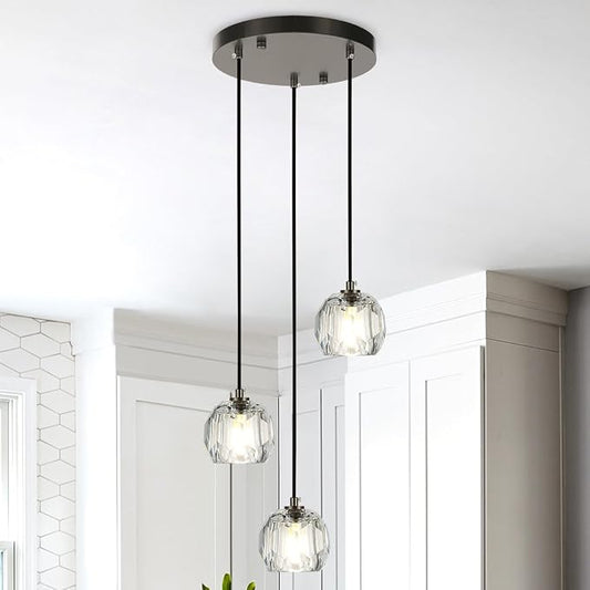 3 Lights Pendant Lighting, Brushed Black Cluster Pendant Light Kitchen Island, Cut Crystal Pendant Light Fixture Hanging Lights for Dining Room Foyer Bathroom by Cameena