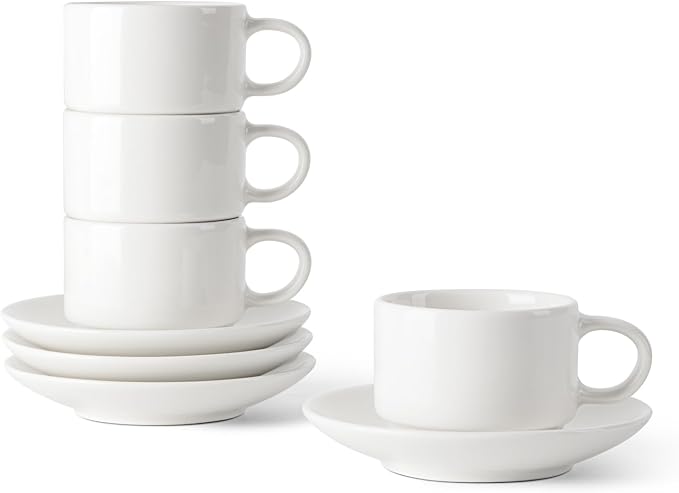 DOWAN 2.5 OZ Stackable Espresso Cups, Porcelain Coffee Cups with Saucers Set of 4, White Espresso Shot Cup, Tea Cups for Home, Office and Cafe Use by DOWAN
