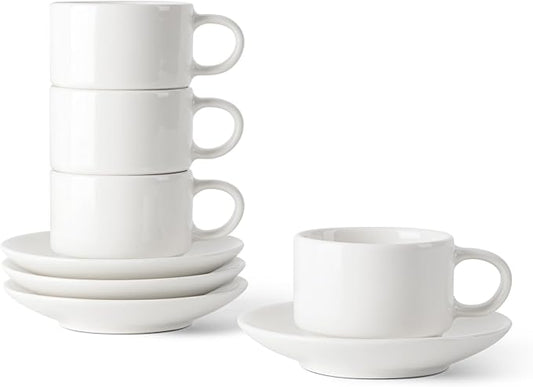 DOWAN 2.5 OZ Stackable Espresso Cups, Porcelain Coffee Cups with Saucers Set of 4, White Espresso Shot Cup, Tea Cups for Home, Office and Cafe Use by DOWAN