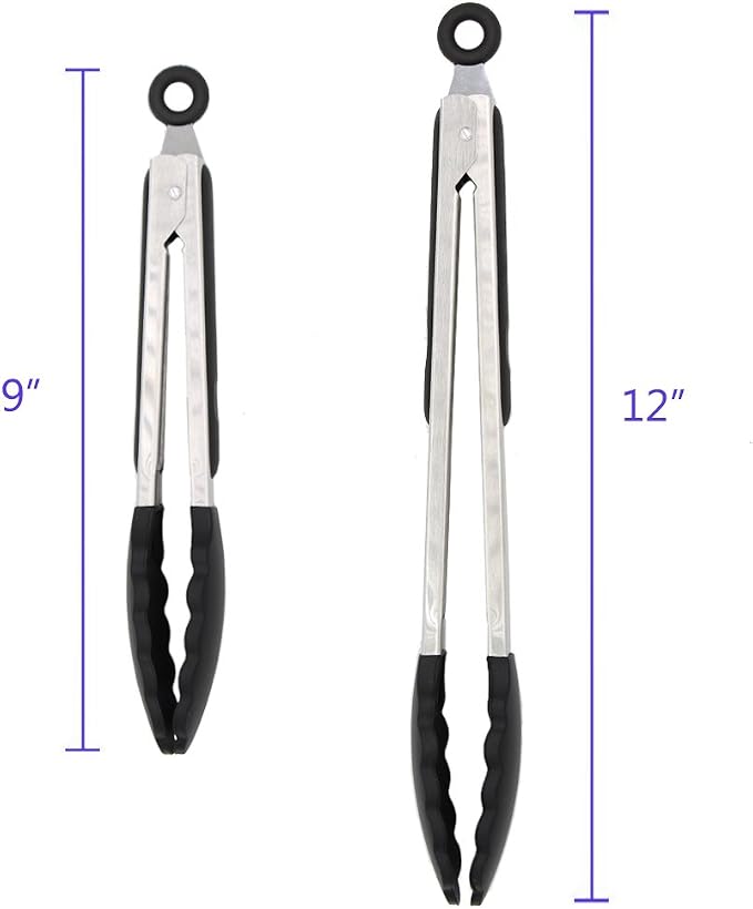 2 Pack Silicone Kitchen Tongs, 9 & 12 Inch, Stainless Steel, Black - Image 3