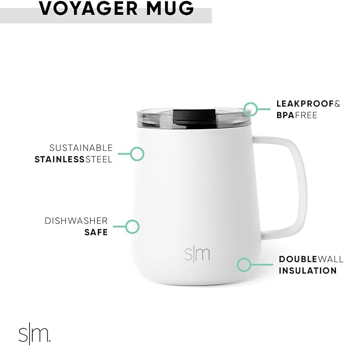 Simple Modern Travel Coffee Mug with Lid and Handle | Reusable Insulated Stainless Steel Coffee Tumbler Tea Cup | Gifts for Women Men Him Her | Voyager Collection | 12oz | Winter White - Image 2