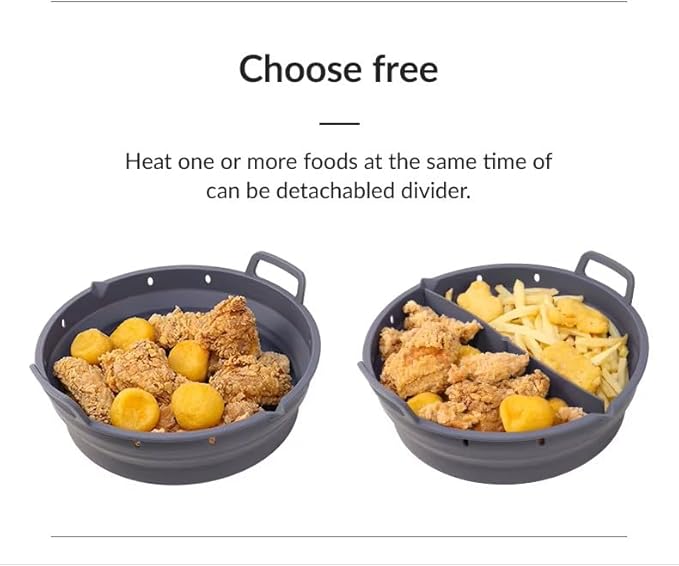Reusable Silicone Air Fryer Liner –2pcs (Round+Square), Collapsible, Oil-Draining Design, Food-Grade, Non-Stick, Heat Resistant, Dishwasher Safe – Fits 5–8 QT Baskets (grey)