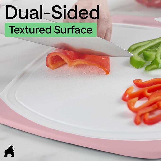 GORILLA GRIP BPA-Free Reversible Kitchen Cutting Board Set of 3, US Designed, Nonporous, Juice Grooves Catch Liquid, Slip Resistant Border, Dishwasher Safe, Durable Large Food Chopping Boards, Pink - Image 6