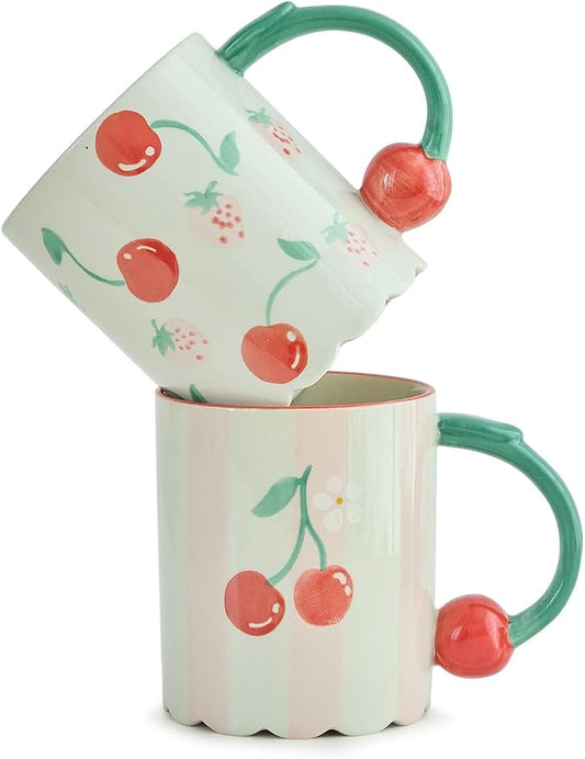 15oz Hand Painted Mug with 3D Cherry Handle - Strawberry & Cherry Pattern. Lead-Free, Microwave/Dishwasher Safe. Aesthetic Coffee Tea Cup Gift for Women & Girls-2pack by DelightsGalore